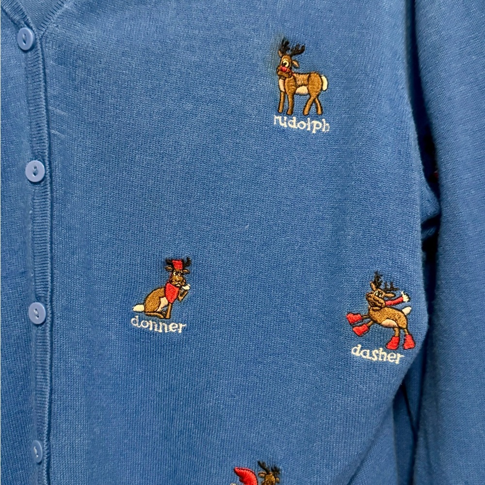 Etoile Bight Blue Reindeer Embroidery Christmas Holiday Cardigan Sweater - Picture 4 of 12